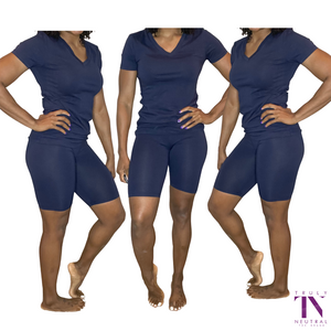 TARI |  NAVY V-NECK BIKER SHORT SET