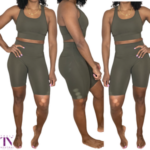 KENDALL | ARMY GREEN ACTIVE WEAR SHORTS SET